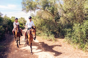 a young couple riding horses on a trail