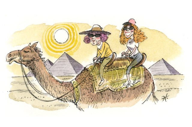 illustration - parents riding a camel in egypt