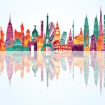 colorful illustration of different landmarks around the world