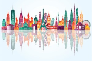 colorful illustration of different landmarks around the world