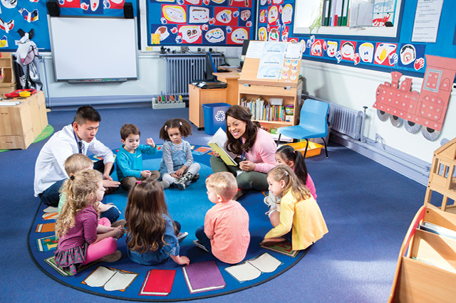 Kids reading in circle with teachers