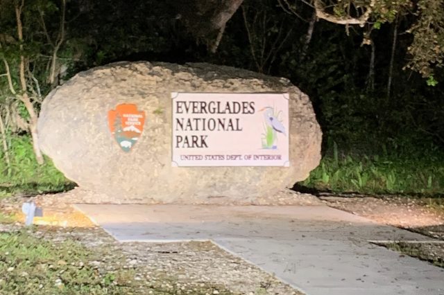 Everglades sign on a rock lit up at night.