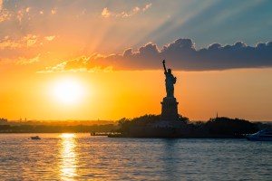 cityscape statue of liberty