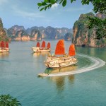 Aerial picturesque scenery with luxury cruises (sail boat) in Ha Long bay, Quang Ninh, Vietnam (HaLong)