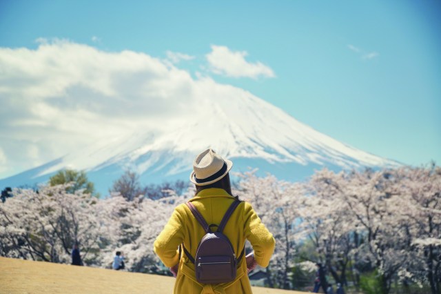 Asian female tourist standing with cherry blossom tree and Mt. Fuji