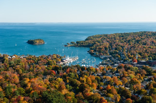 Aerial view of Camden, Maine harbor in fall from Mount Battie