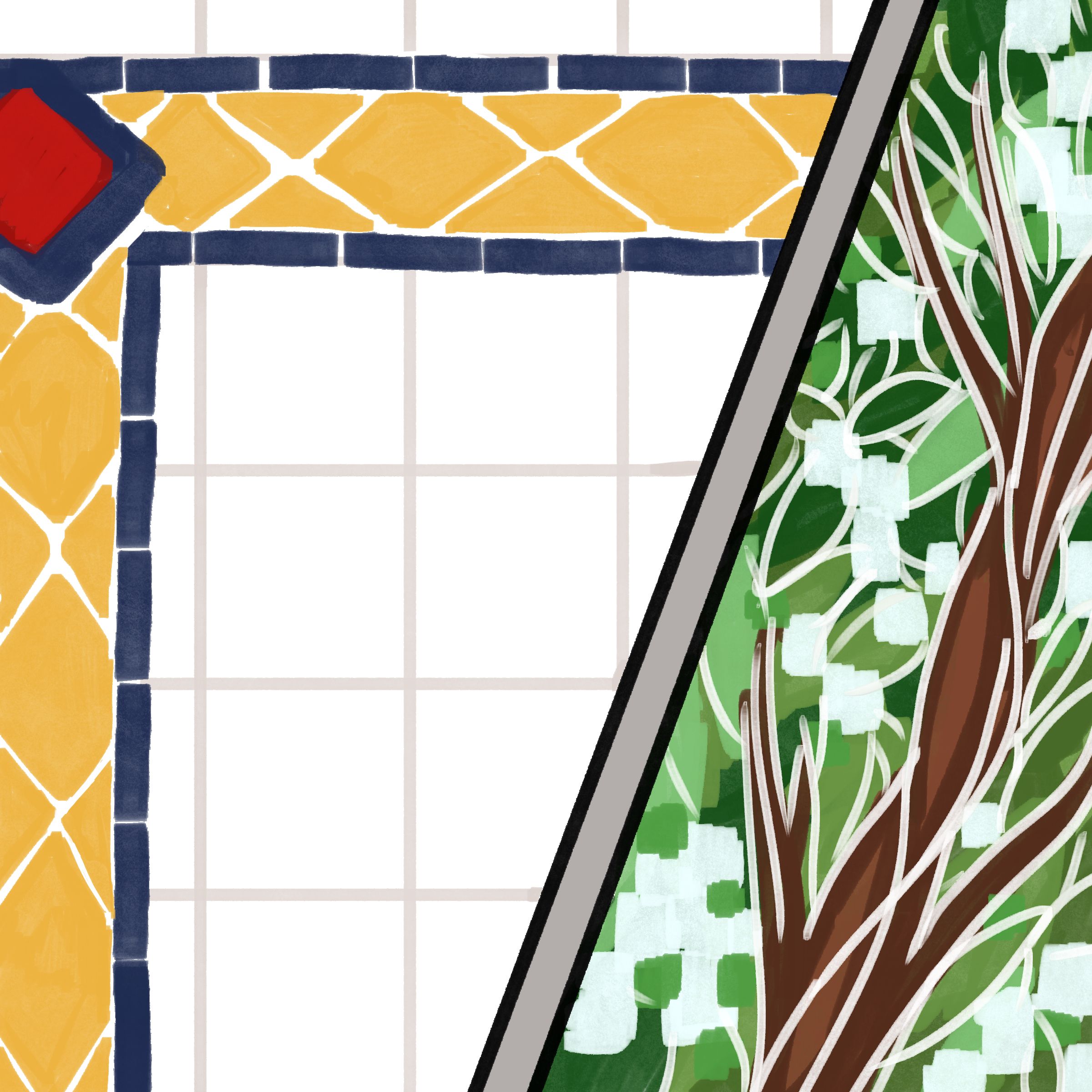 Mosaic tiles of trees, grass, sky