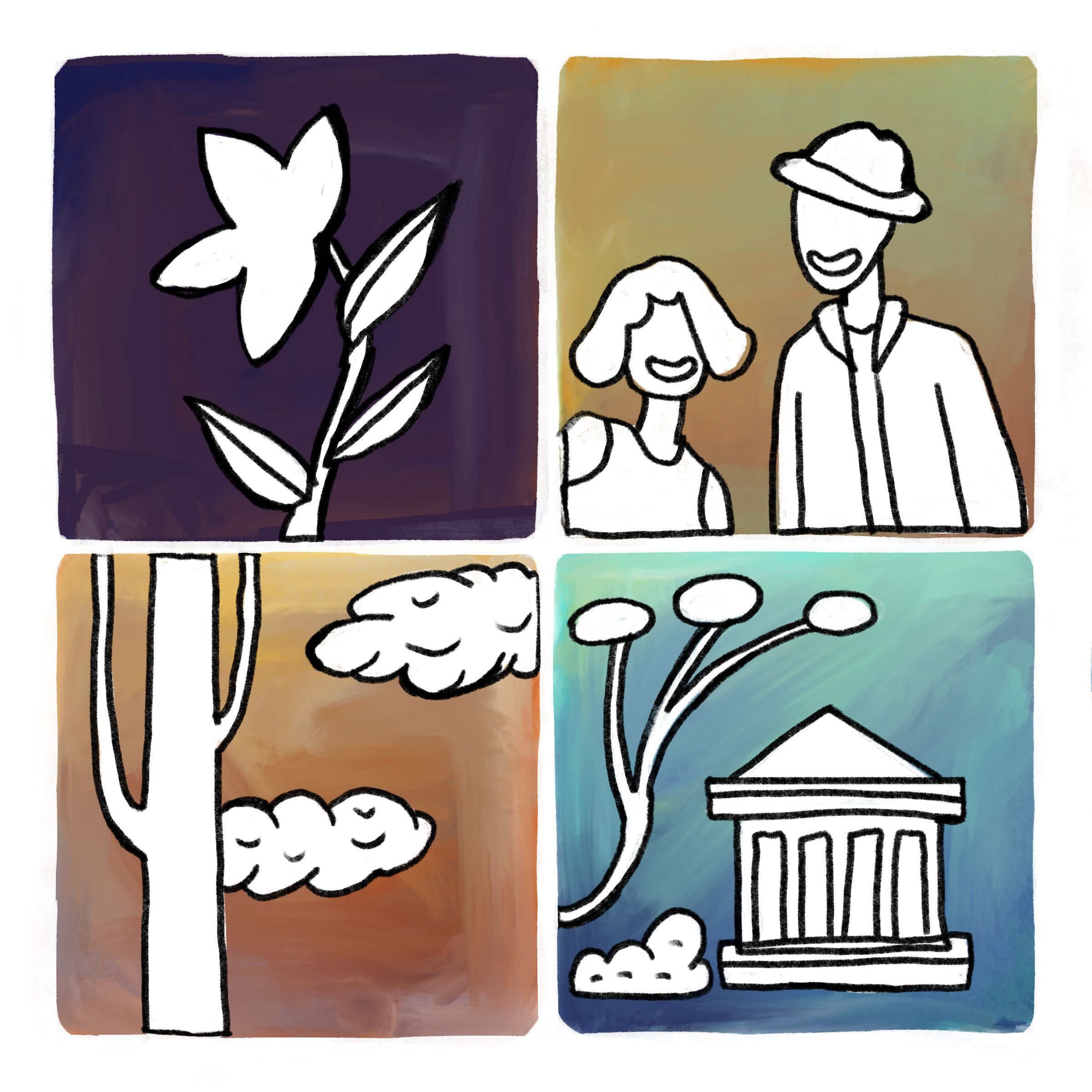 Tiles showing nature, people and building