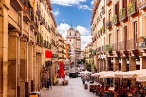 Sunny street in Madrid old town, Spain