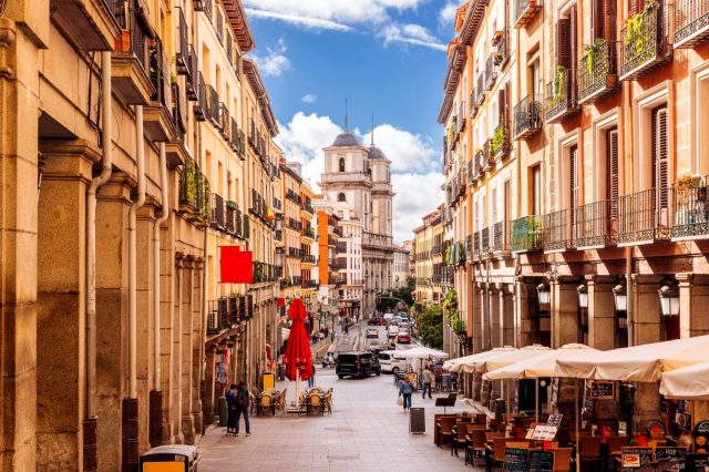 Sunny street in Madrid old town, Spain