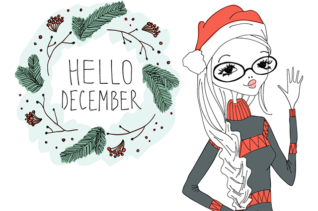 Illustration saying hello December with wreath and woman waving w.