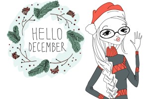 Illustration saying hello December with wreath and woman waving w.